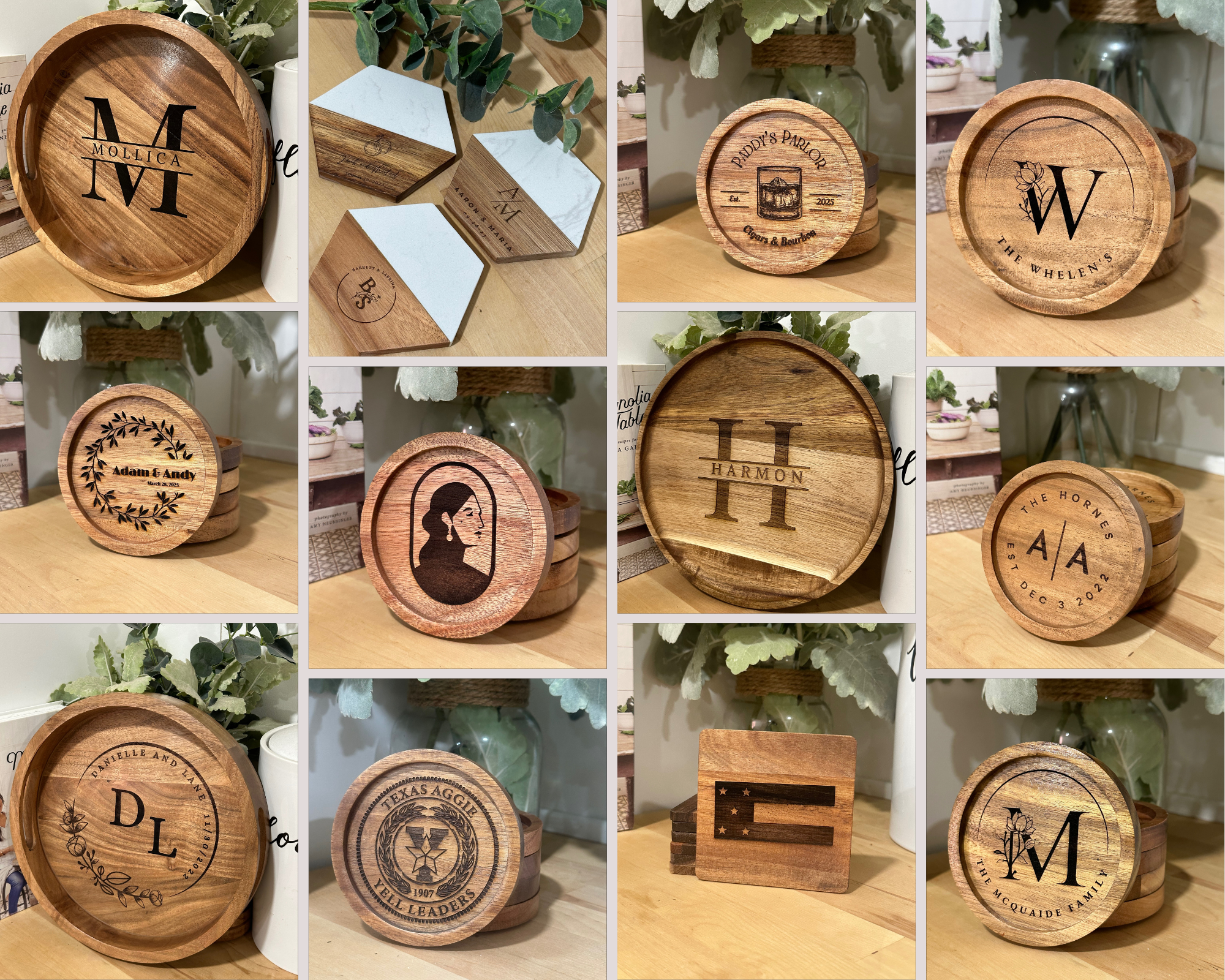 Custom laser-engraved acacia wood coasters and trays by AllCraft's Engraving