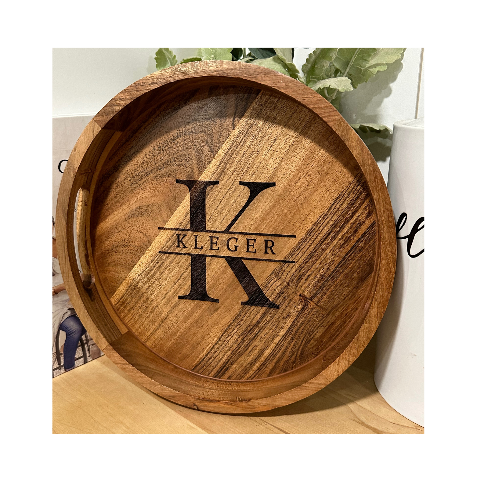 Custom engraved round wooden serving tray